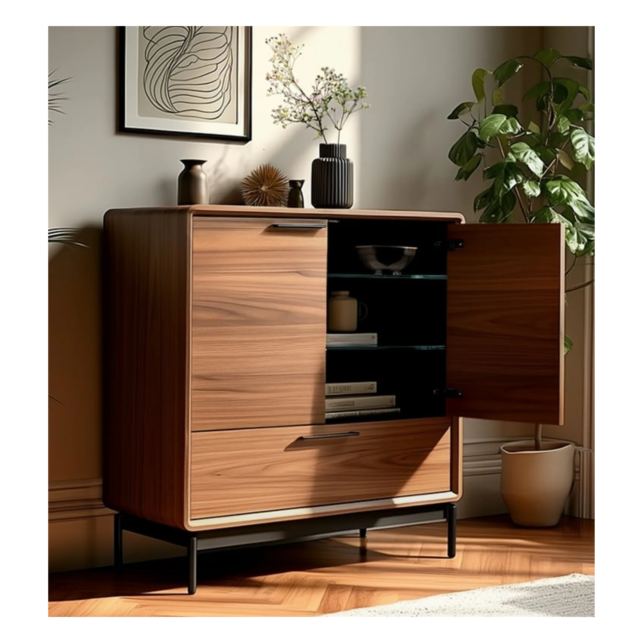 Modern wooden entry cabinet with black metal legs, decorative vases, framed artwork, and indoor plants nearby.