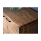 Close-up of a wood grain entry cabinet corner with smooth rounded edge and black metal handles.