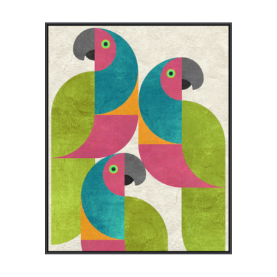 Abstract colorful geometric parrots artwork in a modern framed print suitable for home decor.