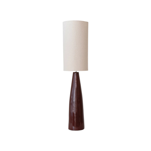 Tall ceramic lamp with shiny brown base and cylindrical beige fabric shade for modern home decor
