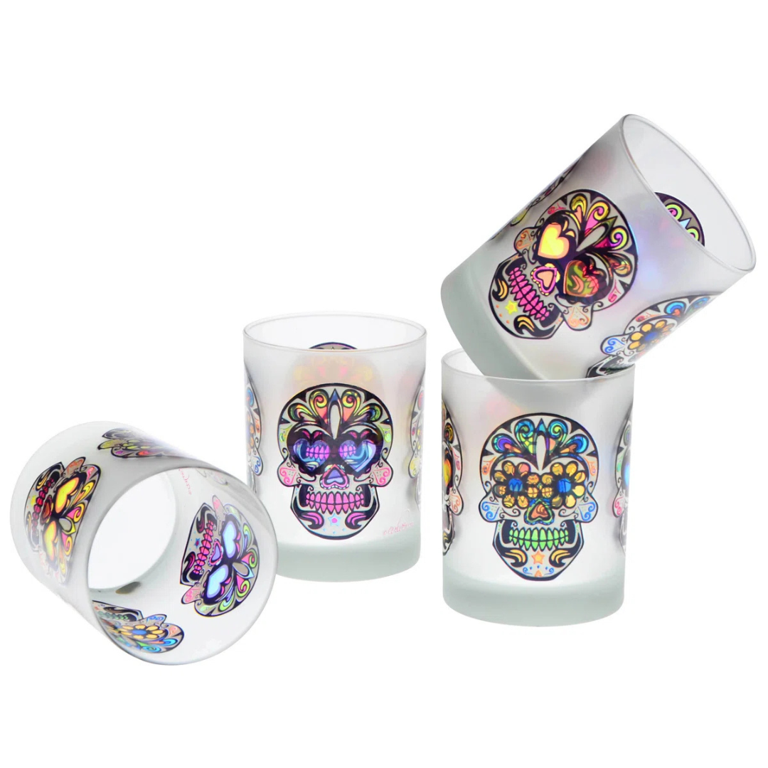 Frosted Sugar Skulls Rocks Glass Set