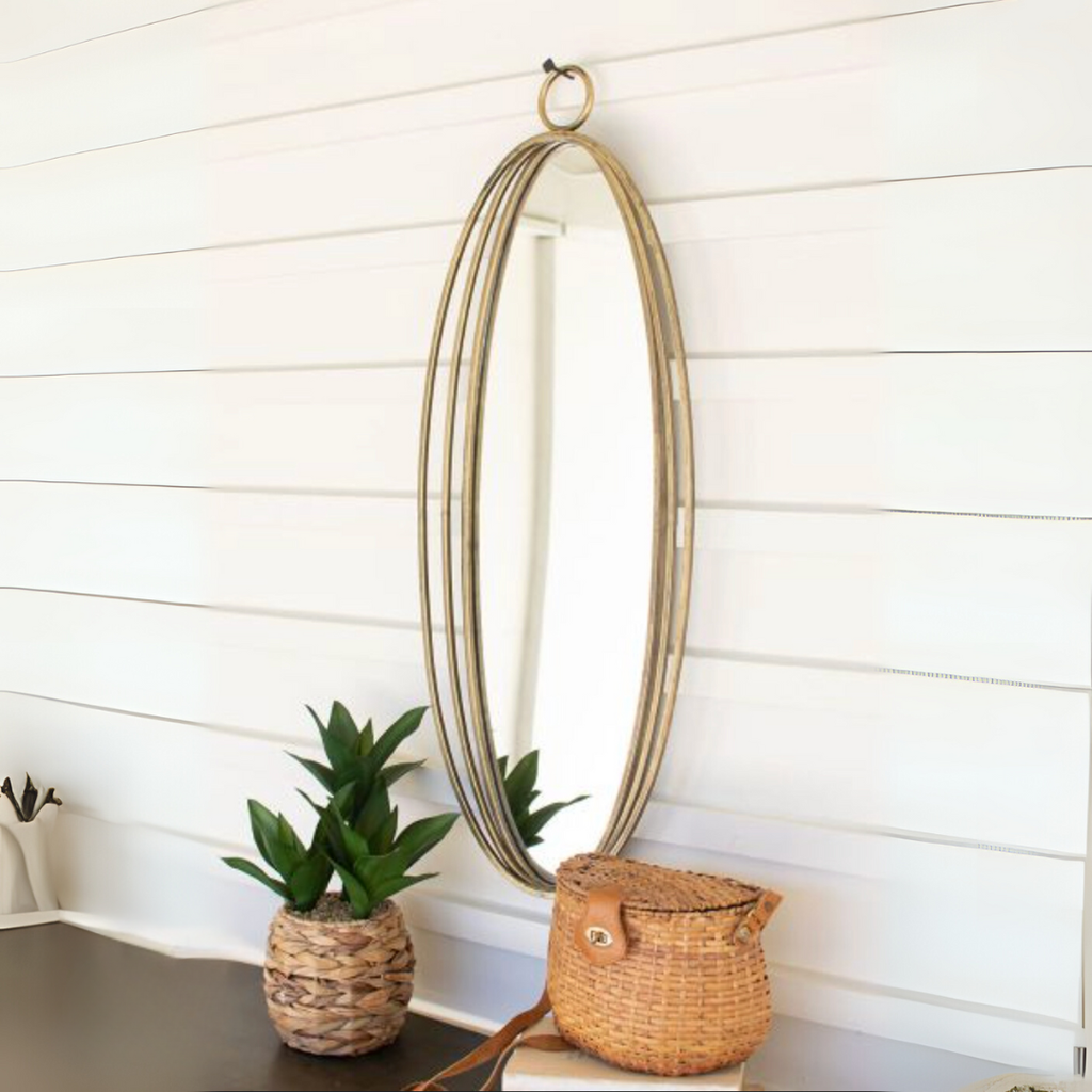 Tall Oval Antique Brass Mirror