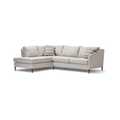 Light gray fabric sectional sofa with chaise, wooden legs, and patterned accent pillows, modern design.
