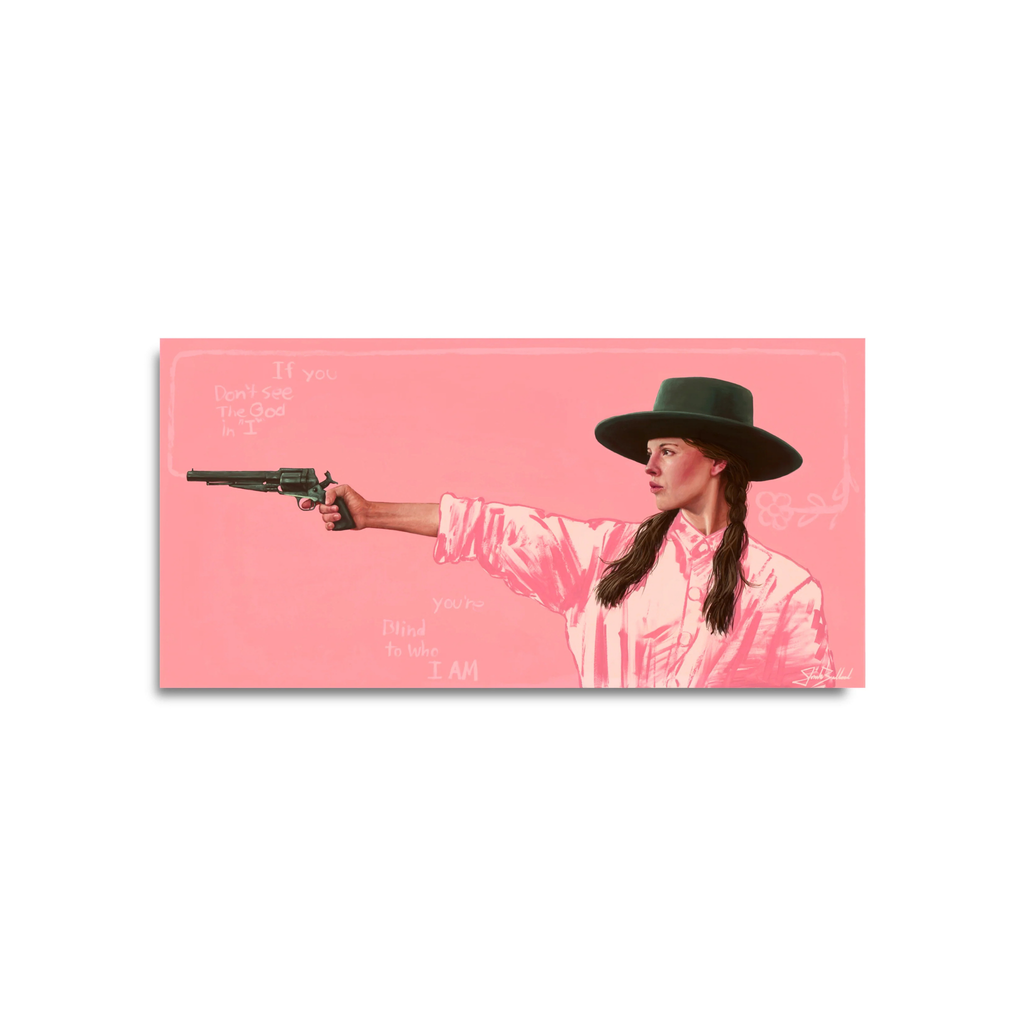 Woman in a pink shirt and dark hat aiming a vintage revolver against a solid pink background artwork