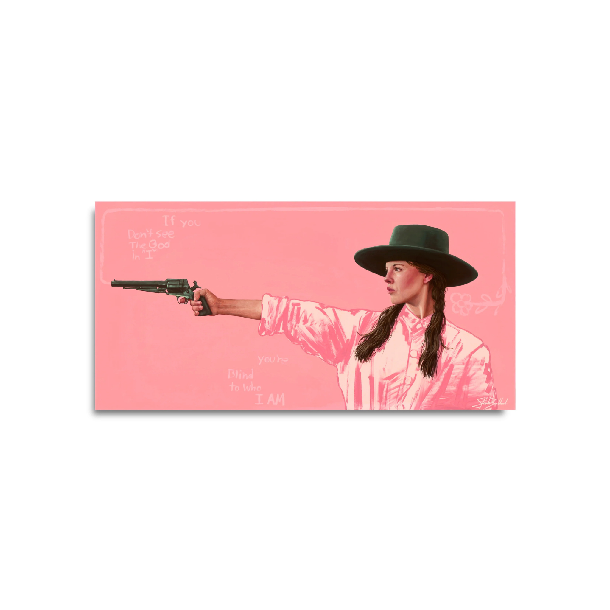 Woman in a pink shirt and dark hat aiming a vintage revolver against a solid pink background artwork