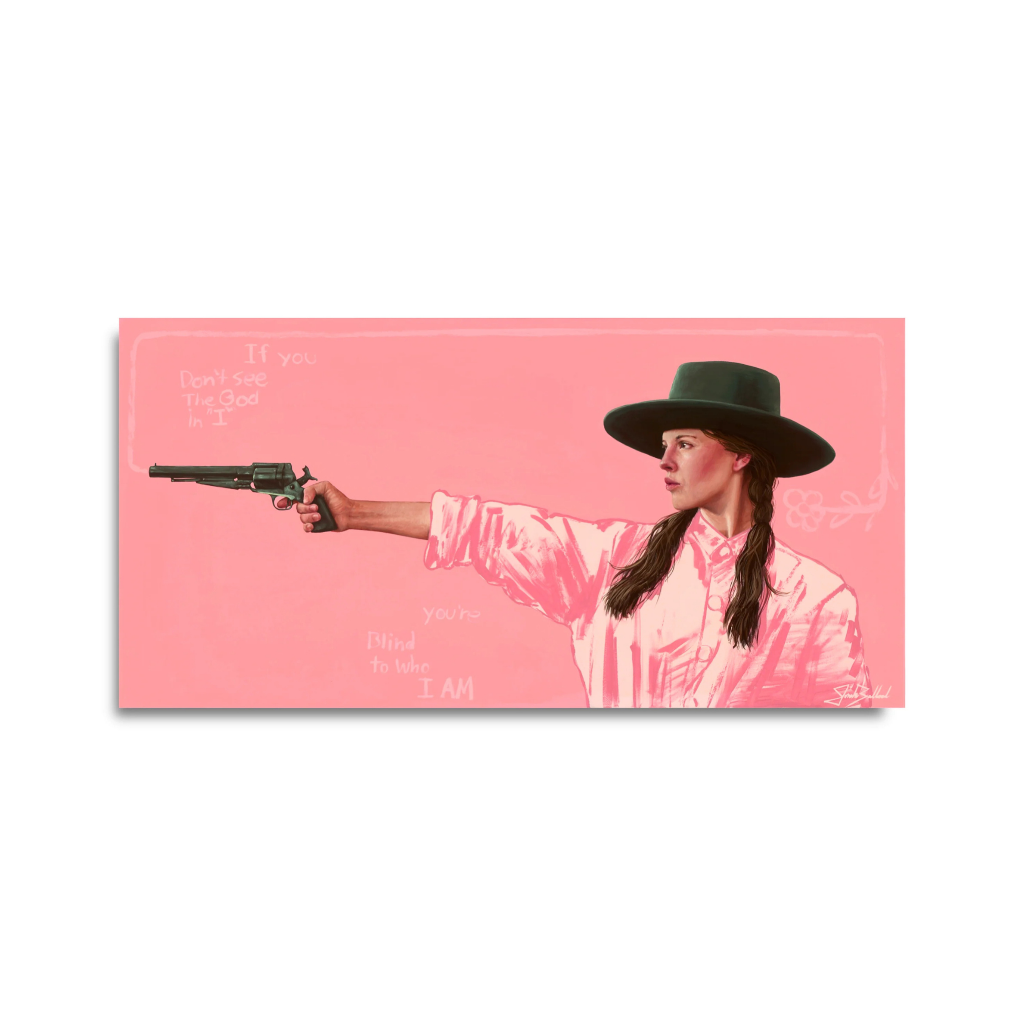 Woman in a wide-brimmed hat aiming a revolver against a solid pink background with subtle text details.