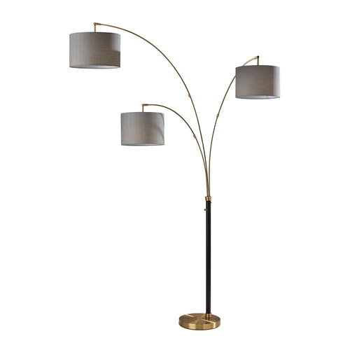 Modern arc lamp with three adjustable arms and neutral fabric shades on a metal base for home decor lighting