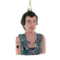 A Christmas tree ornament depicting a man's torso with short dark hair, a mustache, glittery shirt, tattoos, and layered necklaces.