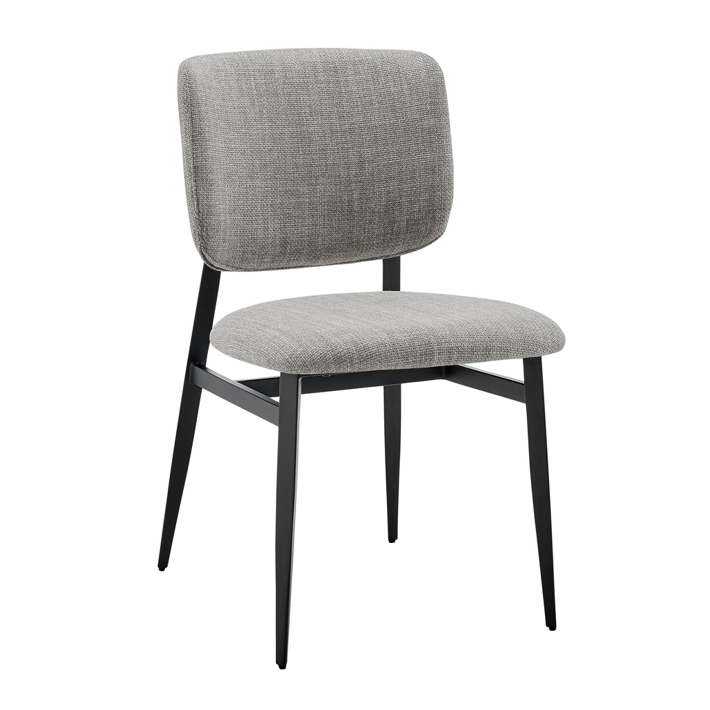 Modern dining chair with gray fabric upholstery and black metal legs, designed for comfort and style
