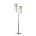 Modern floor lamp with two cylindrical fabric shades and a slim black and gold metal frame base