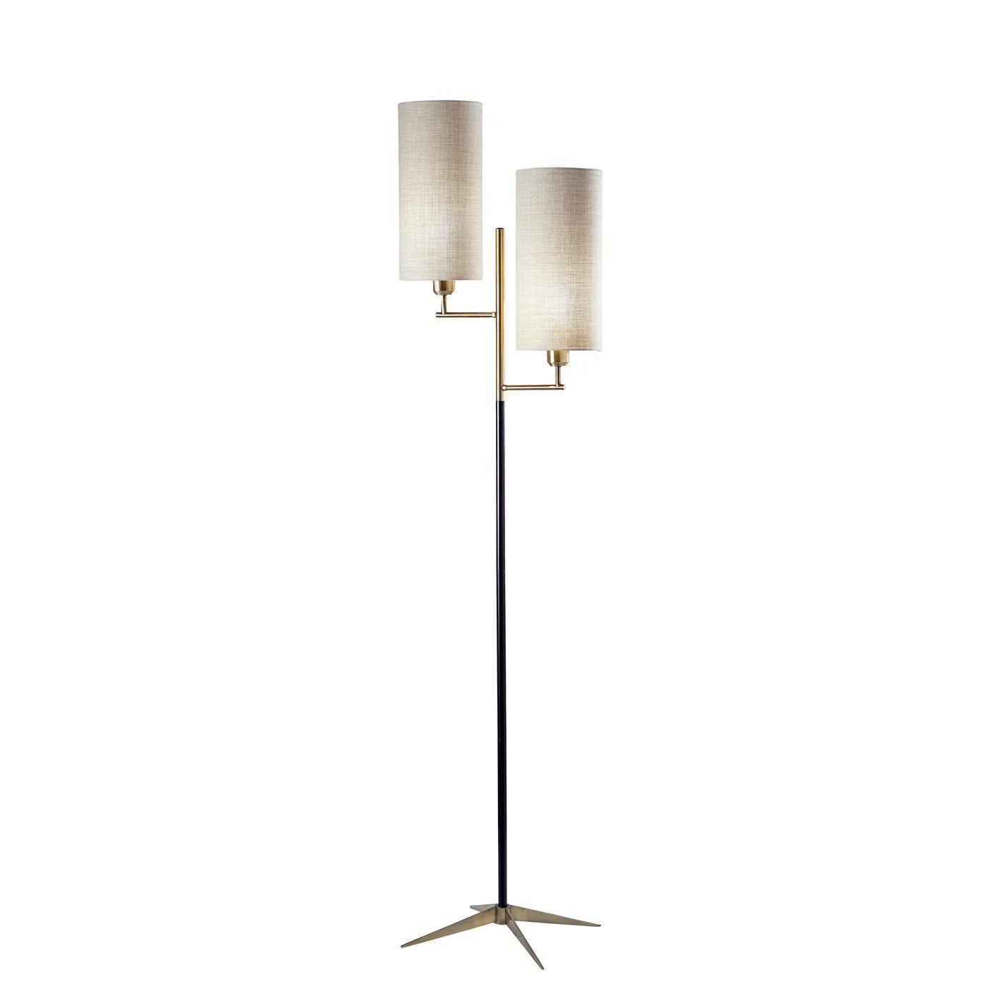 Modern floor lamp with two cylindrical fabric shades and a slim black and gold metal frame base