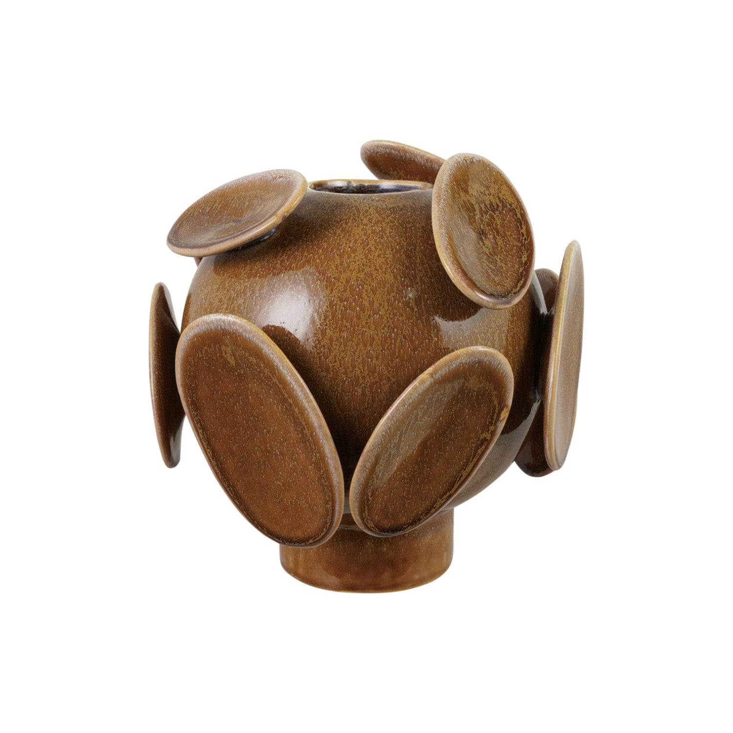 A brown ceramic sculptural vase with a glossy finish, featuring a rounded central body and multiple flat, petal-like circular protrusions on the sides, isolated on a white background.