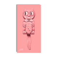 Pink cat-shaped wall clock with a swinging tail on a matching pink background artwork panel