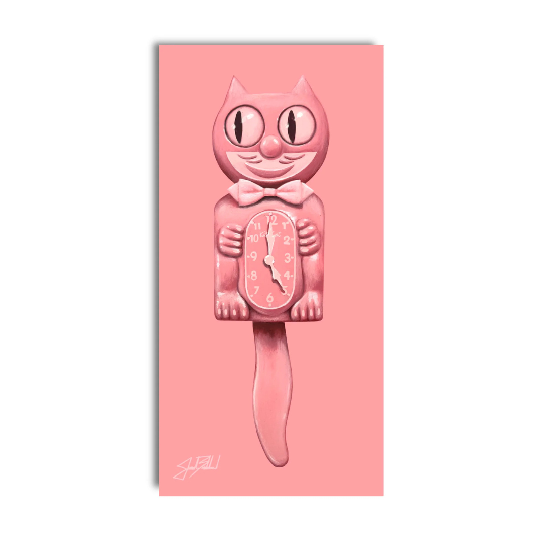 Pink cat-shaped wall clock with a swinging tail on a matching pink background artwork panel