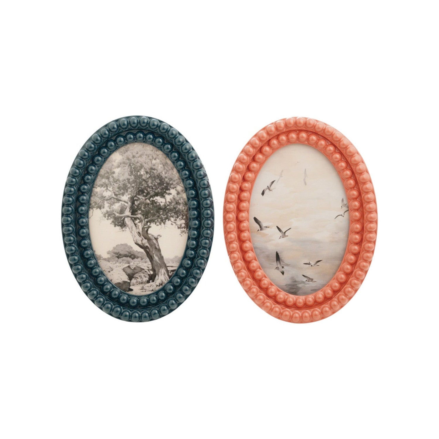 Two oval picture frames with nature-themed designs on a white background