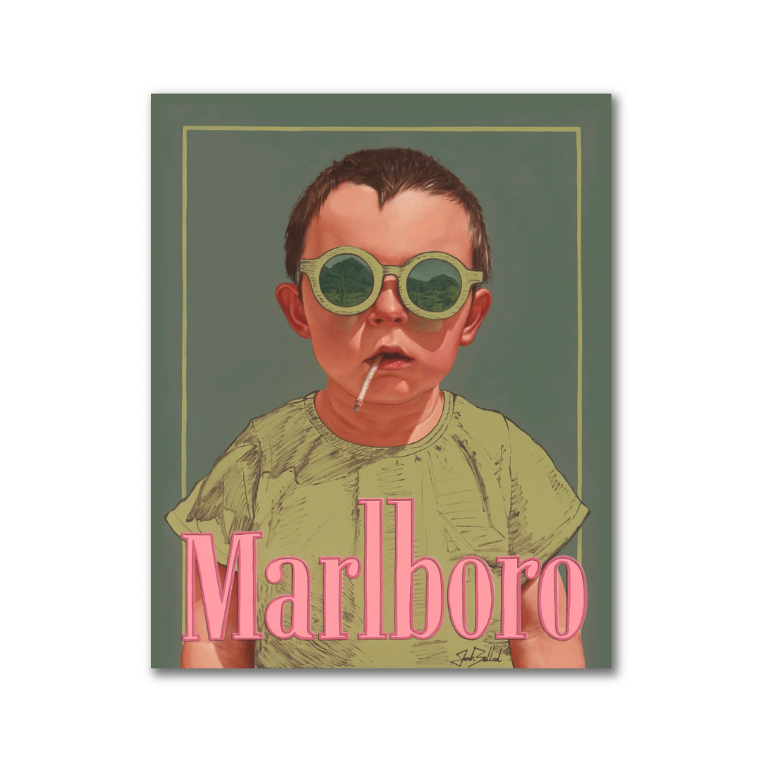 Artwork of a young child wearing round sunglasses and a green shirt, holding a cigarette in their mouth.