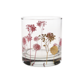 Clear glass with delicate red and gold floral designs, suitable for serving drinks in a stylish home setting