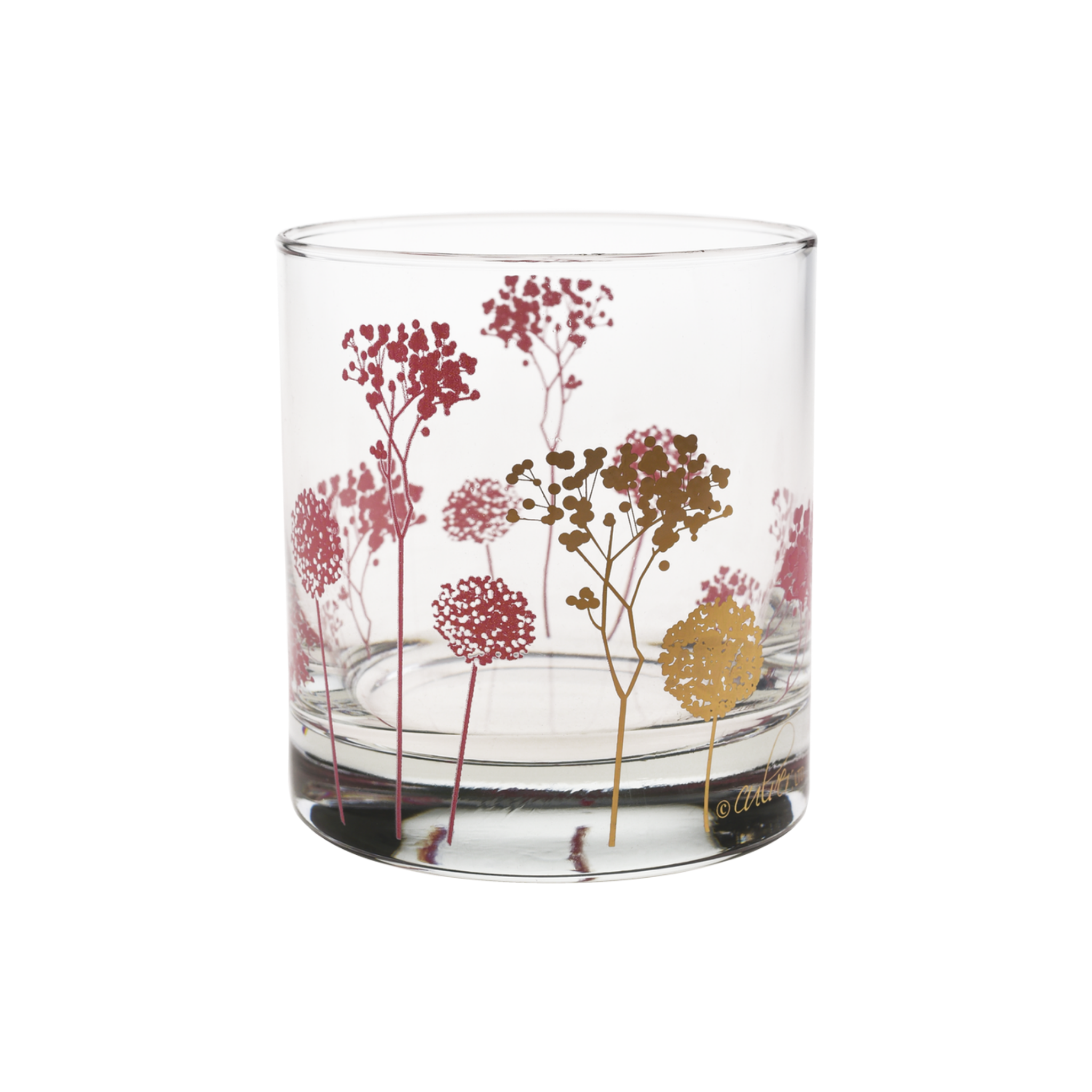 Clear glass with delicate red and gold floral designs, suitable for serving drinks in a stylish home setting