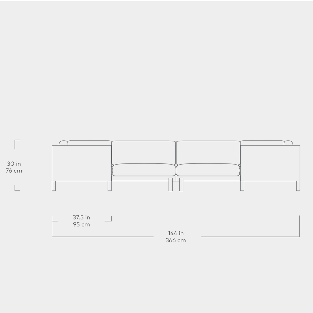 Line drawing of a modern U-shaped sectional sofa with dimensions showing height and length measurements.