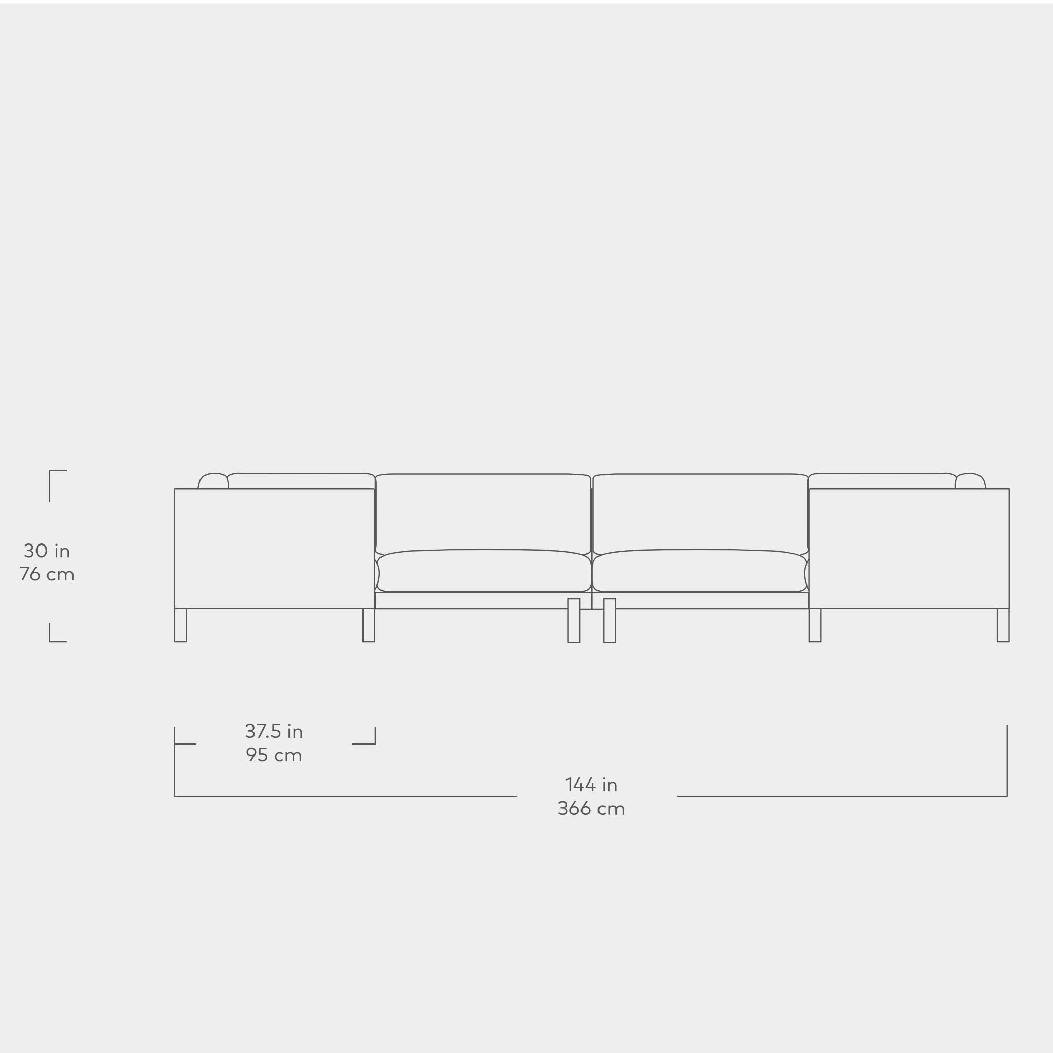 Line drawing of a modern U-shaped sectional sofa with dimensions showing height and length measurements.