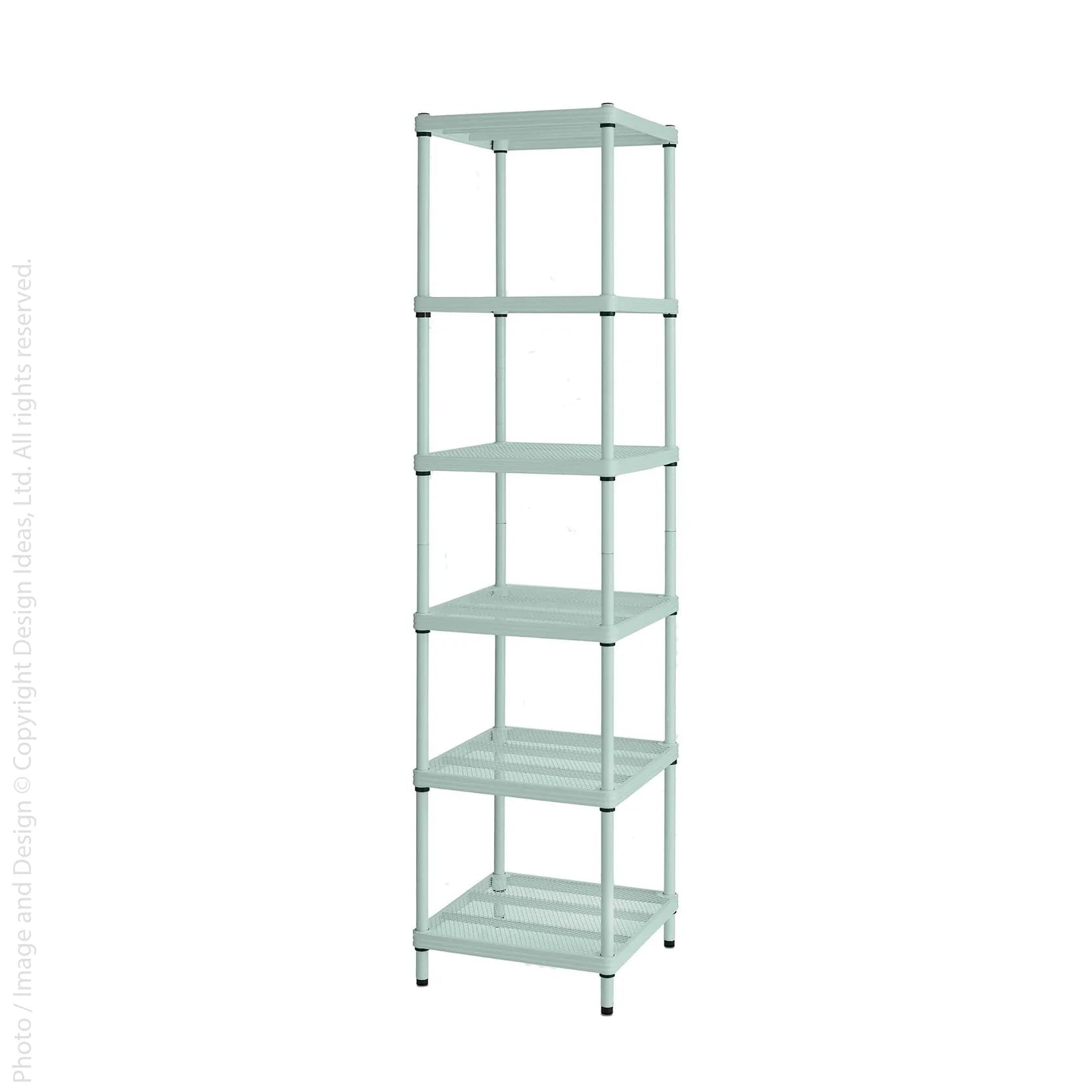 Tall light green steel shelving unit with six open shelves for storage or display purposes