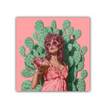 Stylized woman in pink dress and sunglasses holding a drink with large green cactus on a pink background