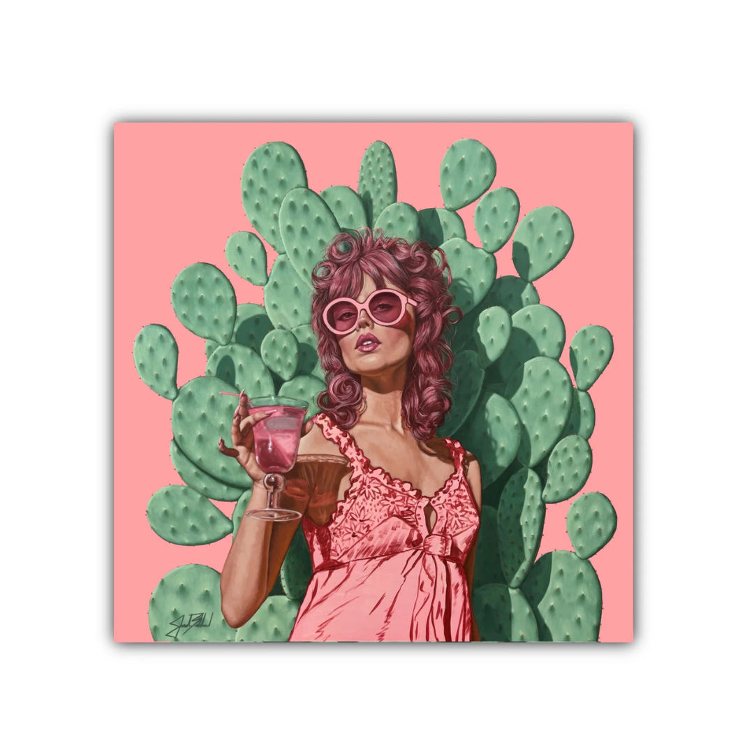 Stylized woman in pink dress and sunglasses holding a drink with large green cactus on a pink background