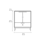 Front schematic of a minimalist entry cabinet with two doors and one drawer, including dimensions in inches and centimeters.