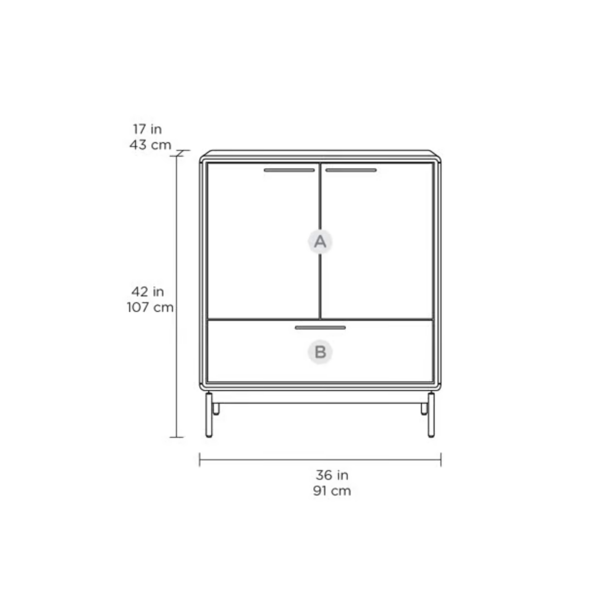 Front schematic of a minimalist entry cabinet with two doors and one drawer, including dimensions in inches and centimeters.