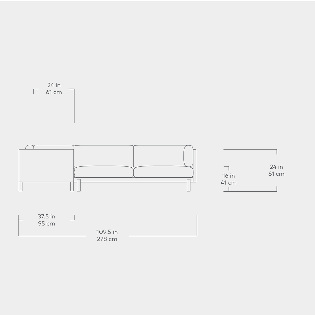 Line drawing showing dimensions of a sectional sofa with measurements in inches and centimeters.
