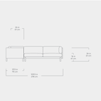 Line drawing showing dimensions of a sectional sofa with measurements in inches and centimeters.
