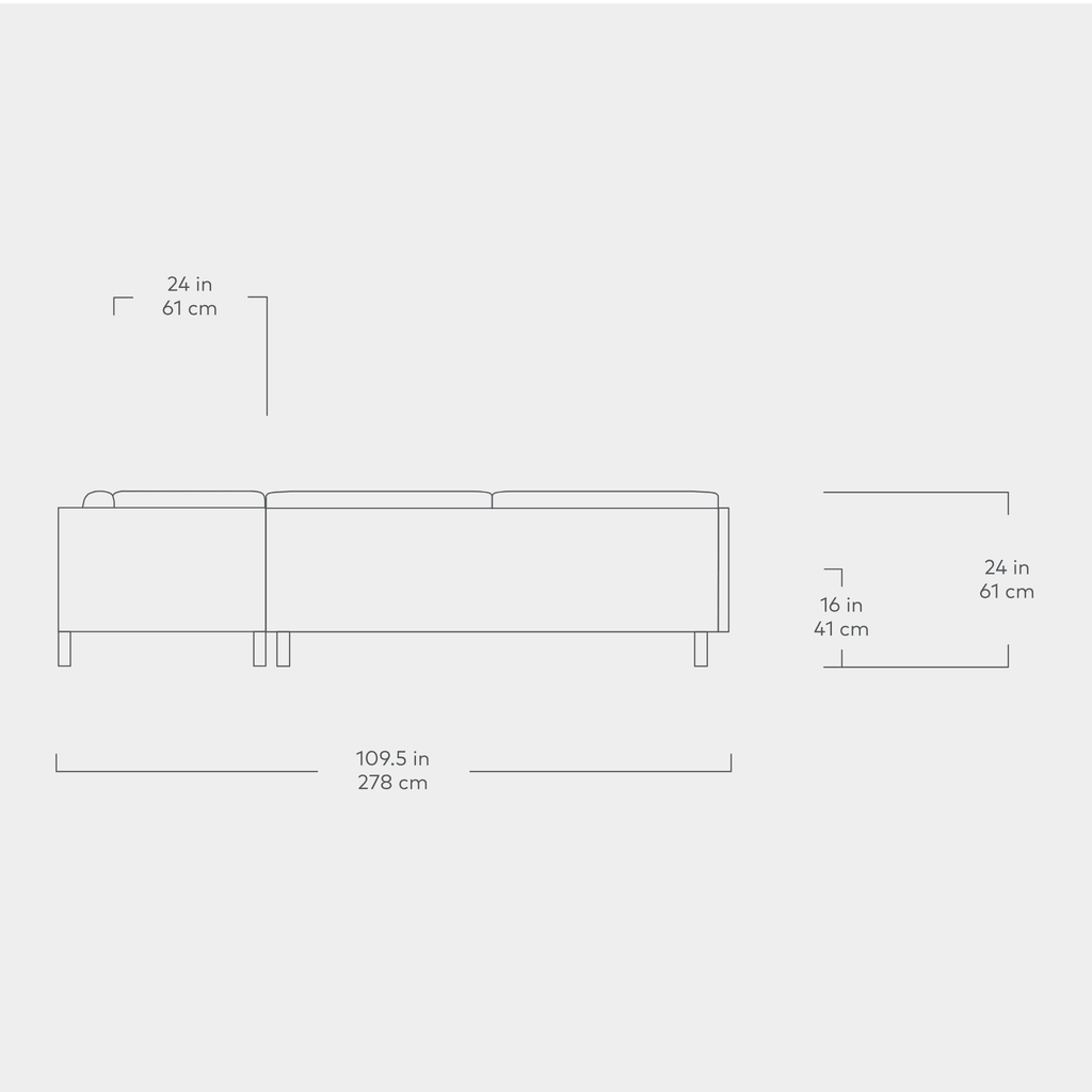 Line drawing of a U-shaped sectional sofa showing dimensions with a low back and block legs in a minimalist style.