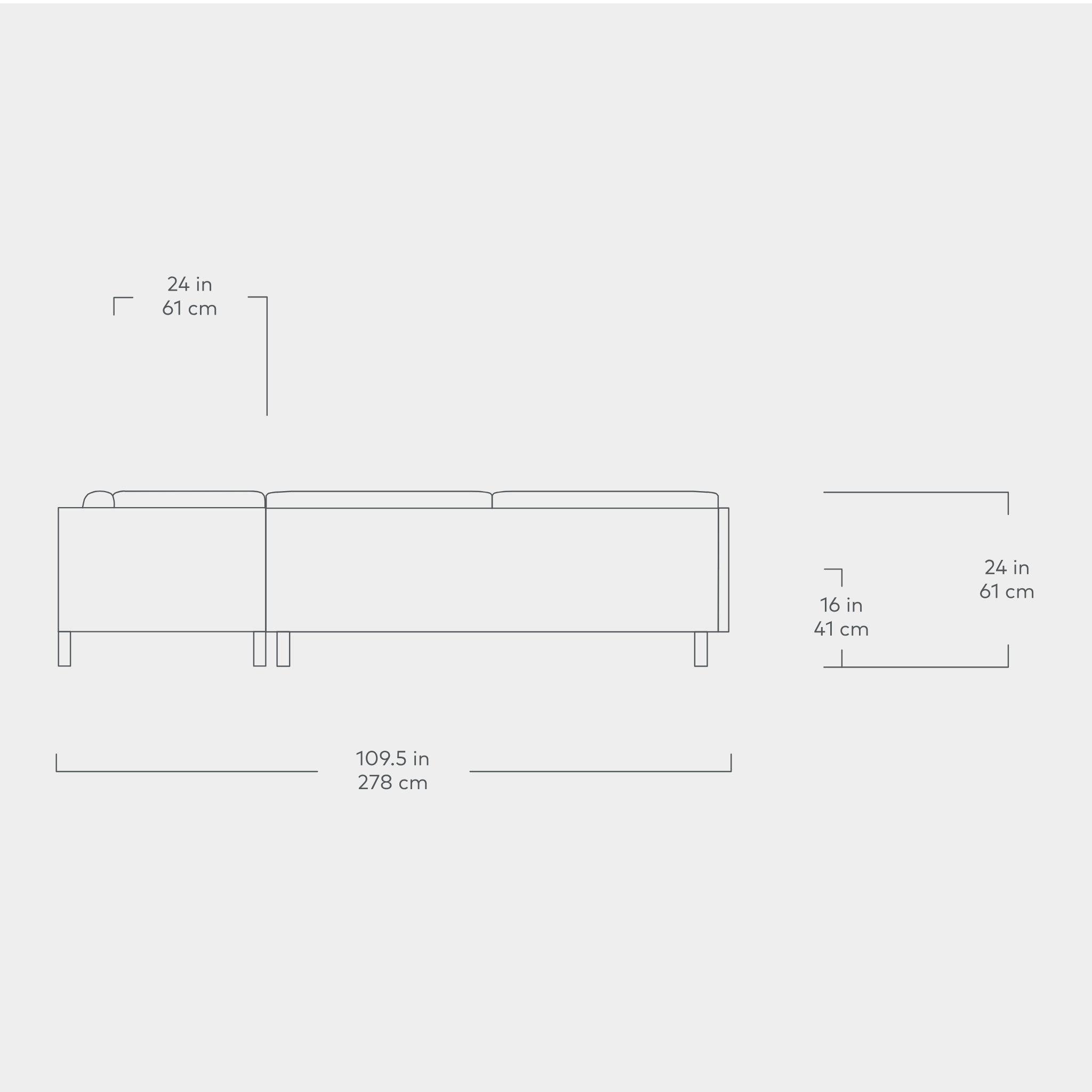 Line drawing of a U-shaped sectional sofa showing dimensions with a low back and block legs in a minimalist style.