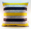 Square wool felt pillow featuring horizontal yellow, gray, black, and white stripes for home decor.