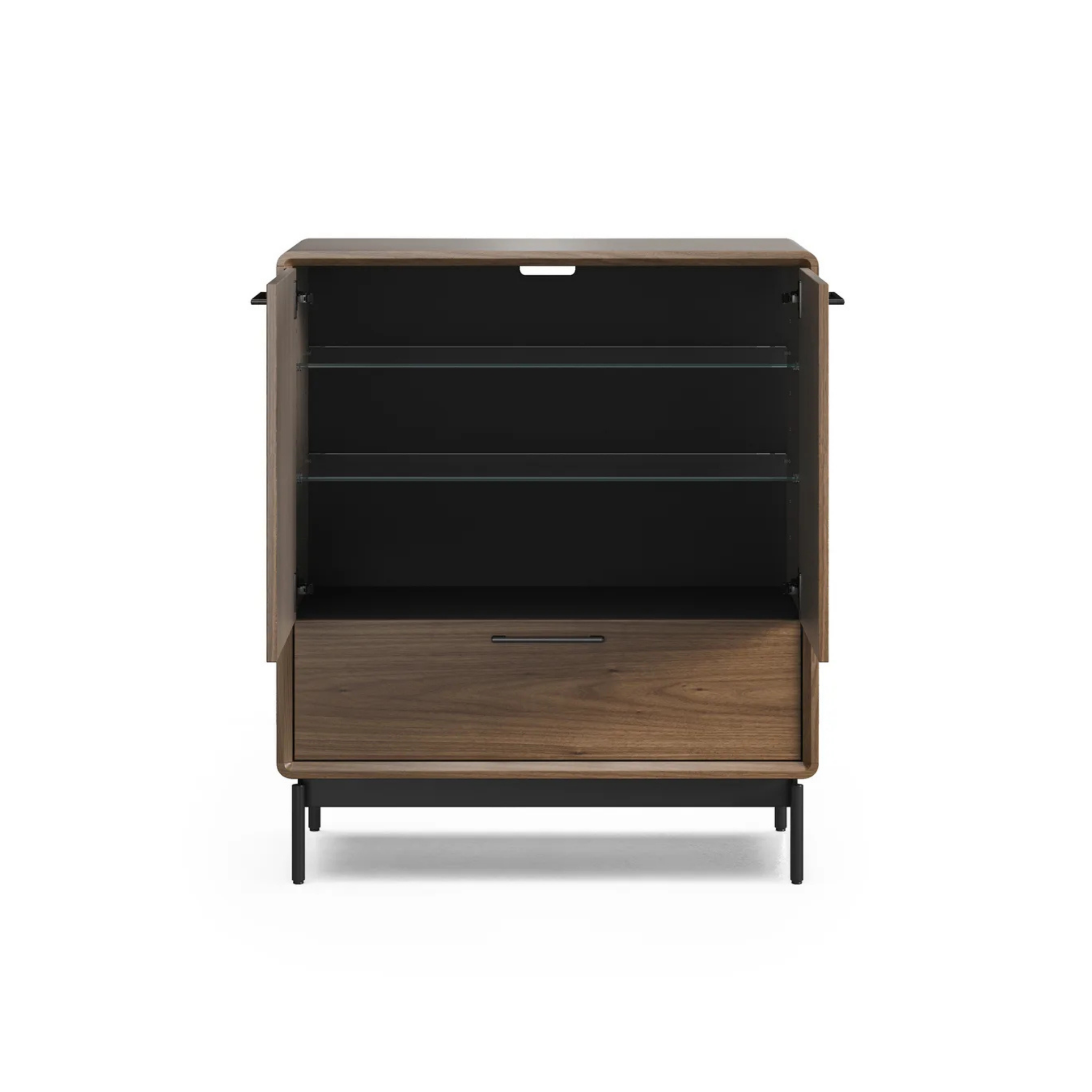 Modern entry cabinet with walnut finish, black metal legs, open shelves, and a lower storage drawer.