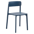 Modern blue stackable side chair with minimalist design suitable for indoor and outdoor use