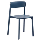 Modern blue stackable side chair with minimalist design suitable for indoor and outdoor use