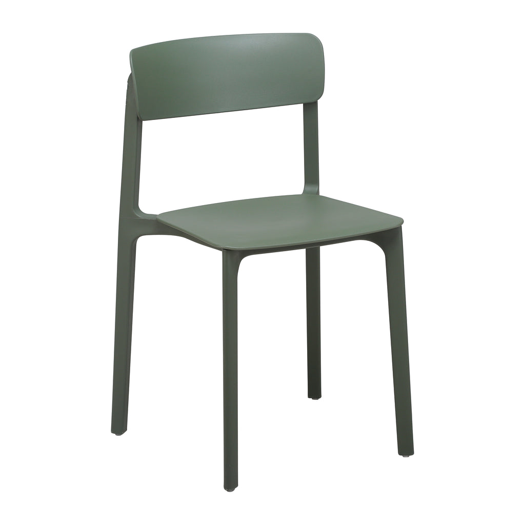 Minimalist green stackable side chair with a sturdy frame suitable for indoor and outdoor use