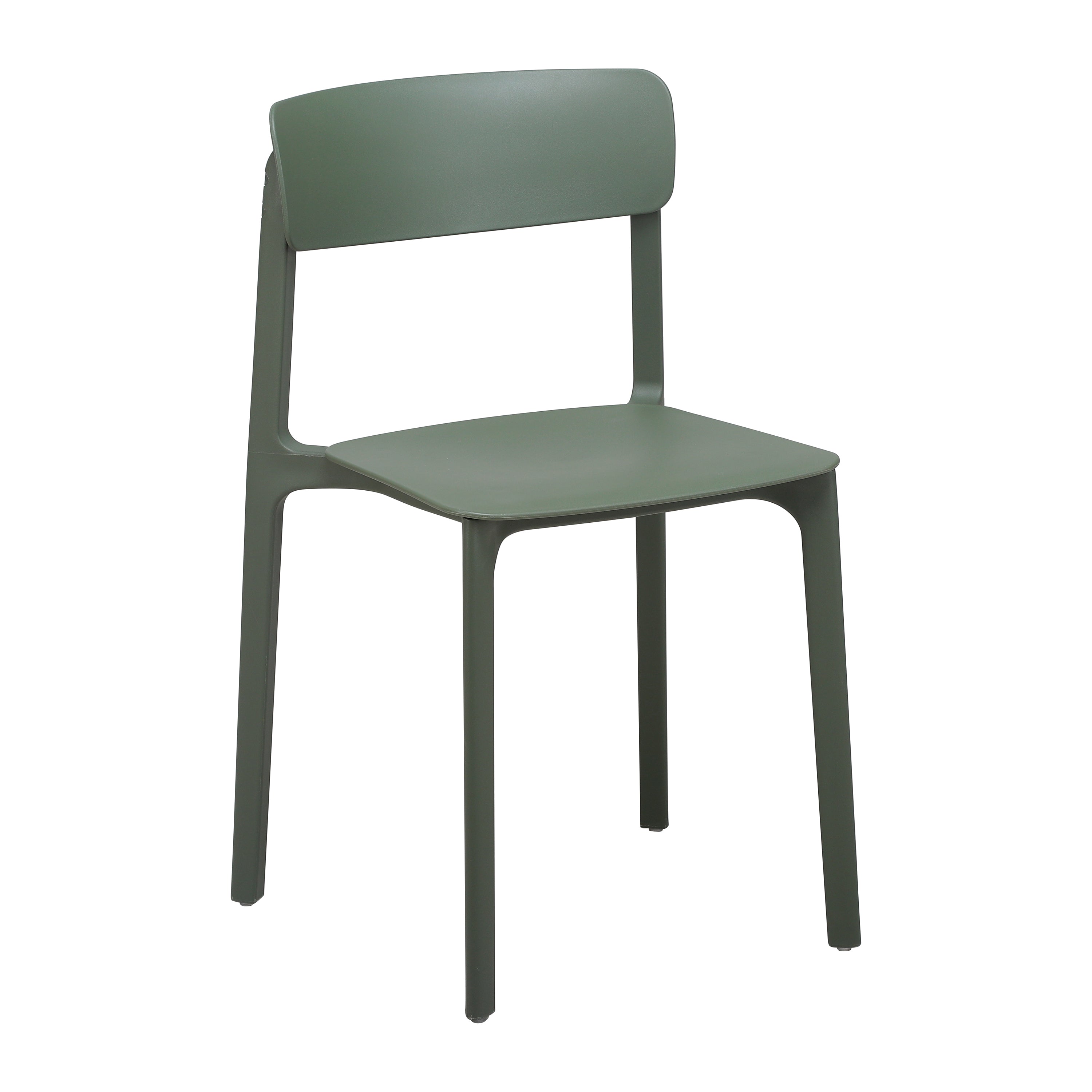 Minimalist green stackable side chair with a sturdy frame suitable for indoor and outdoor use