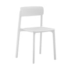 Modern white stackable chair with a simple design suitable for indoor or outdoor use.