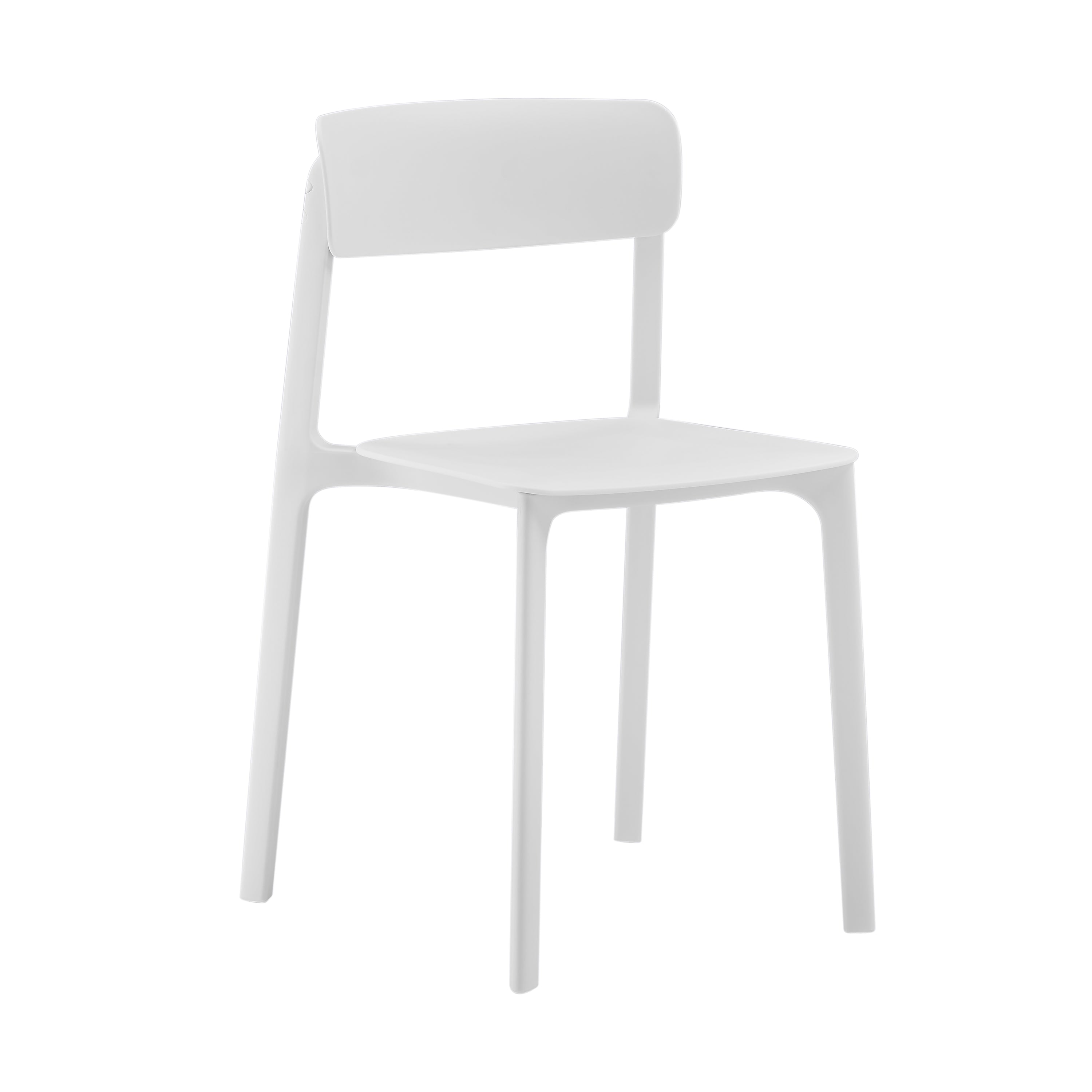 Modern white stackable chair with a simple design suitable for indoor or outdoor use.