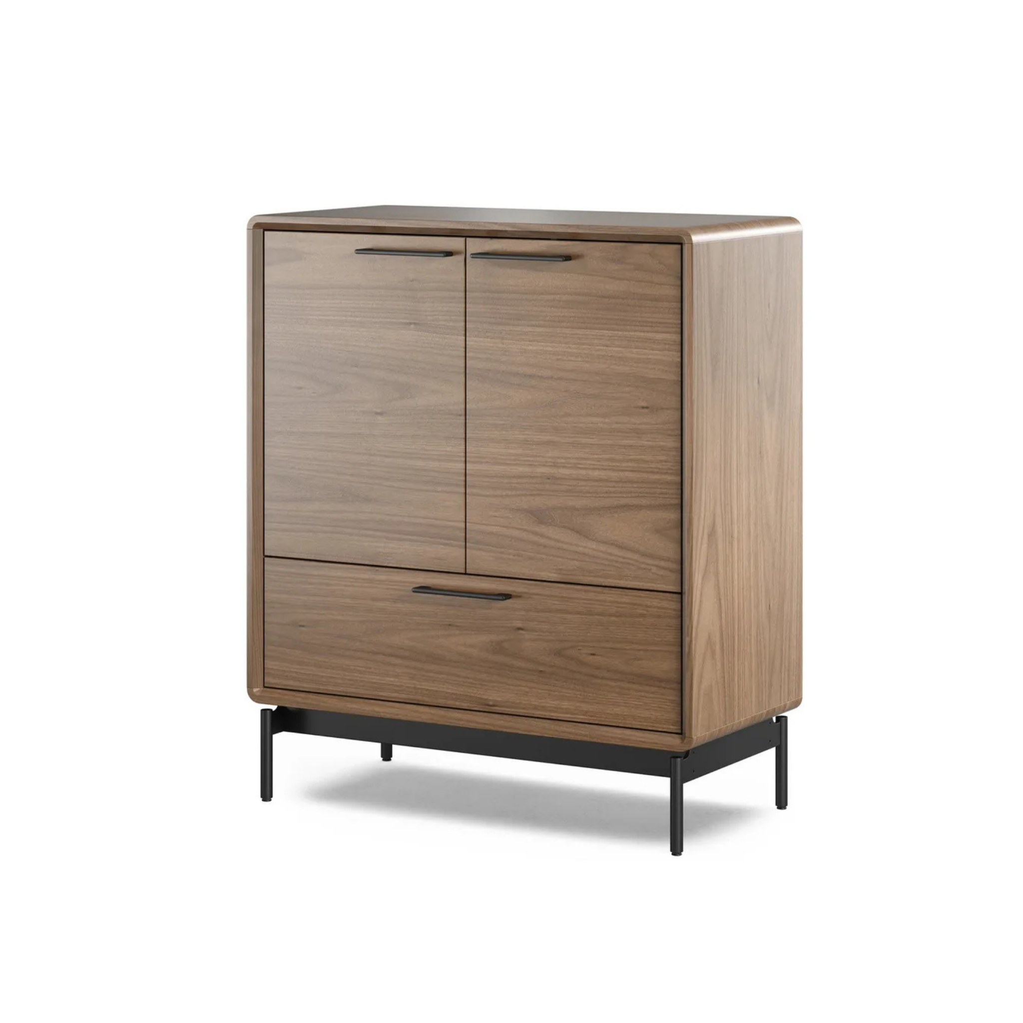 Minimalist wooden entry cabinet with two doors and a drawer on a black metal base for home storage and decor