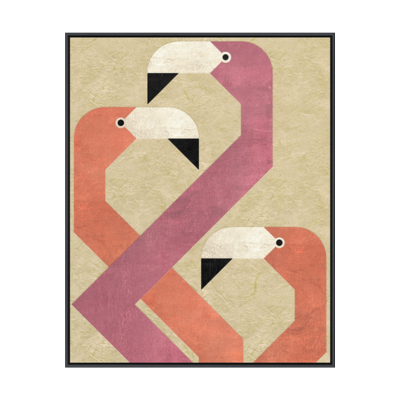 Abstract framed art featuring three stylized birds in shades of pink and orange on a textured beige background.