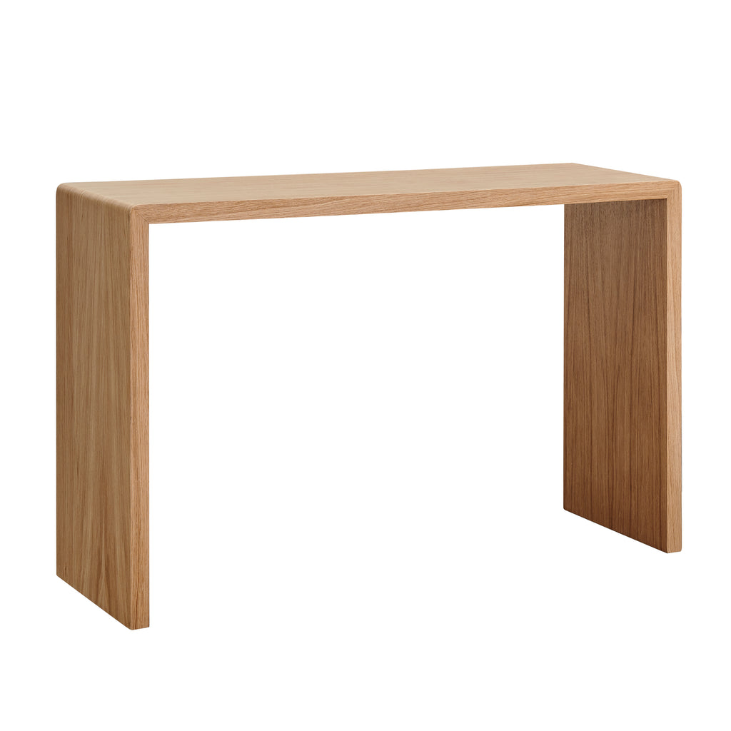 Minimalist oak wood console table with a smooth rectangular top and sturdy thick legs in modern design