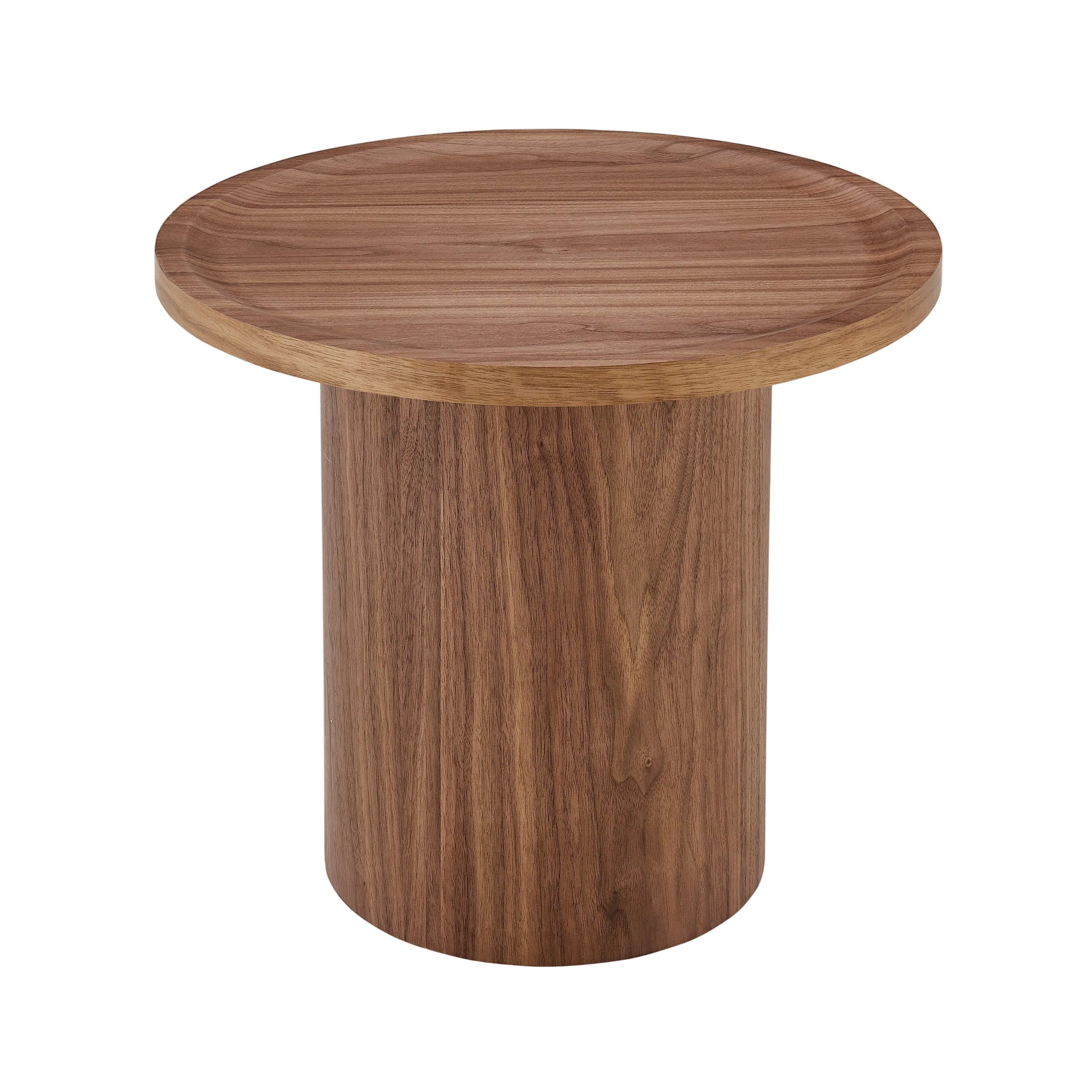 Round wooden side table with a smooth top and cylindrical base in natural walnut finish