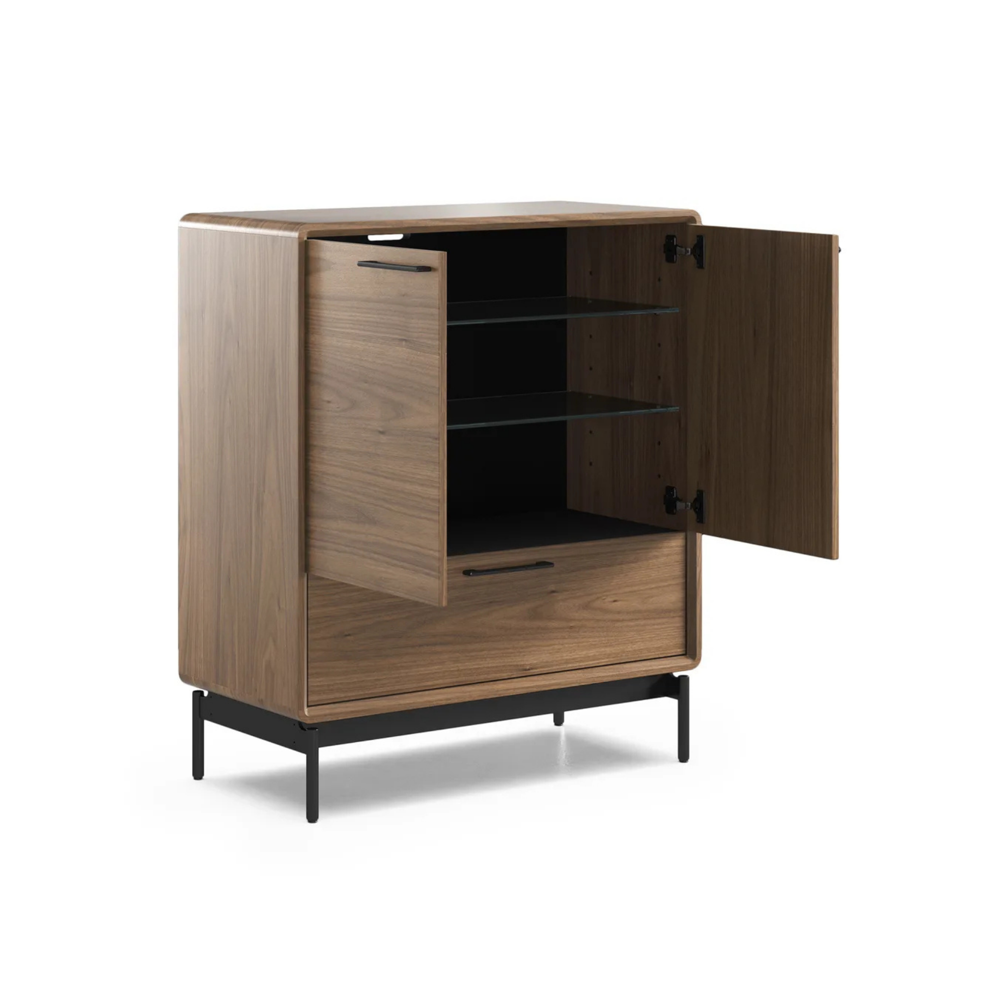 Modern wooden entry cabinet with black metal legs, two open doors, glass shelves, and a lower drawer for storage