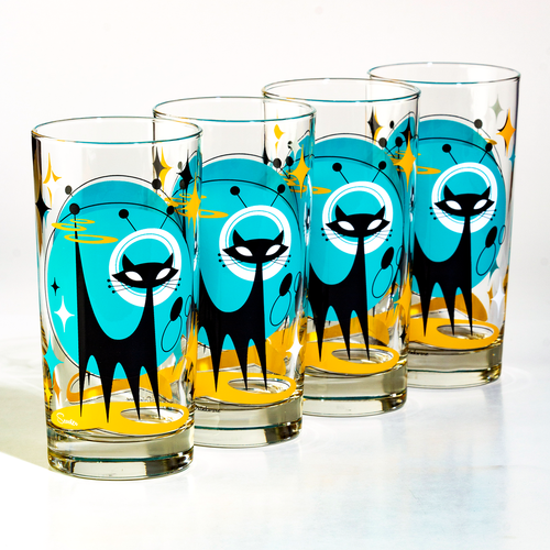 Set of four tall glasses featuring black cat artwork with retro space motifs in blue and yellow colors.