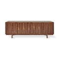 Mid-century modern walnut credenza with clean lines and ample storage on raised legs for home decor.