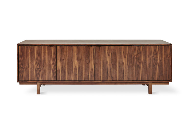 Midcentury modern walnut wood credenza with clean lines and sleek design for stylish home storage.