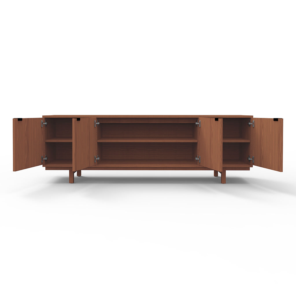 Mid-century modern walnut credenza with three open cabinets revealing spacious shelving inside.
